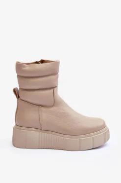 Boto Botki Skórzane|Botki Na Koturnie*Skórzane Damskie Botki Na Platformie Jasnobeżowe Lemar Suam