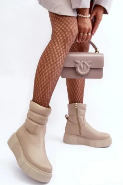 Boto Botki Skórzane|Botki Na Koturnie*Skórzane Damskie Botki Na Platformie Jasnobeżowe Lemar Suam