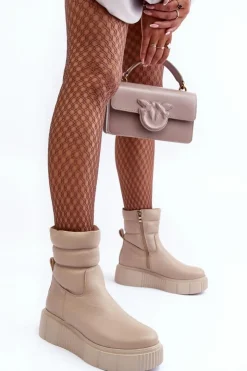 Boto Botki Skórzane|Botki Na Koturnie*Skórzane Damskie Botki Na Platformie Jasnobeżowe Lemar Suam