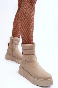 Boto Botki Skórzane|Botki Na Koturnie*Skórzane Damskie Botki Na Platformie Jasnobeżowe Lemar Suam
