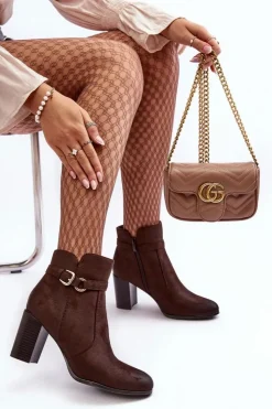 Buty Sergio Leone Botki Zimowe Damskie|Brązowe I Beżowe Botki*Skórzane Damskie Botki Na Słupku Z Klamrą Brązowe Lasima