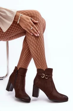 Buty Sergio Leone Botki Zimowe Damskie|Brązowe I Beżowe Botki*Skórzane Damskie Botki Na Słupku Z Klamrą Brązowe Lasima