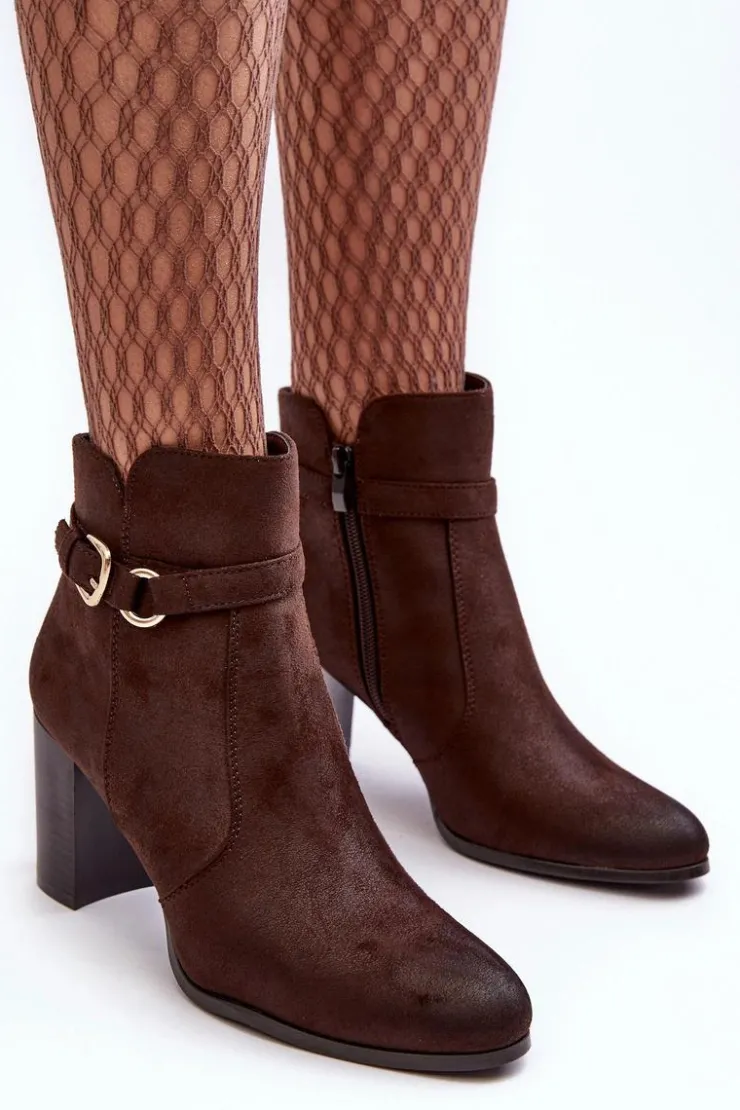 Buty Sergio Leone Botki Zimowe Damskie|Brązowe I Beżowe Botki*Skórzane Damskie Botki Na Słupku Z Klamrą Brązowe Lasima