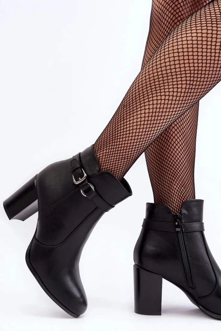 Best Buty Sergio Leone Skórzane Damskie Botki Na Słupku Z Klamrą Czarne Lasima
