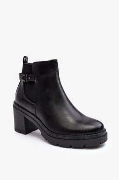 Damskie Boto Skórzane Damskie Botki Na Masywnym Słupku Czarne Belinda