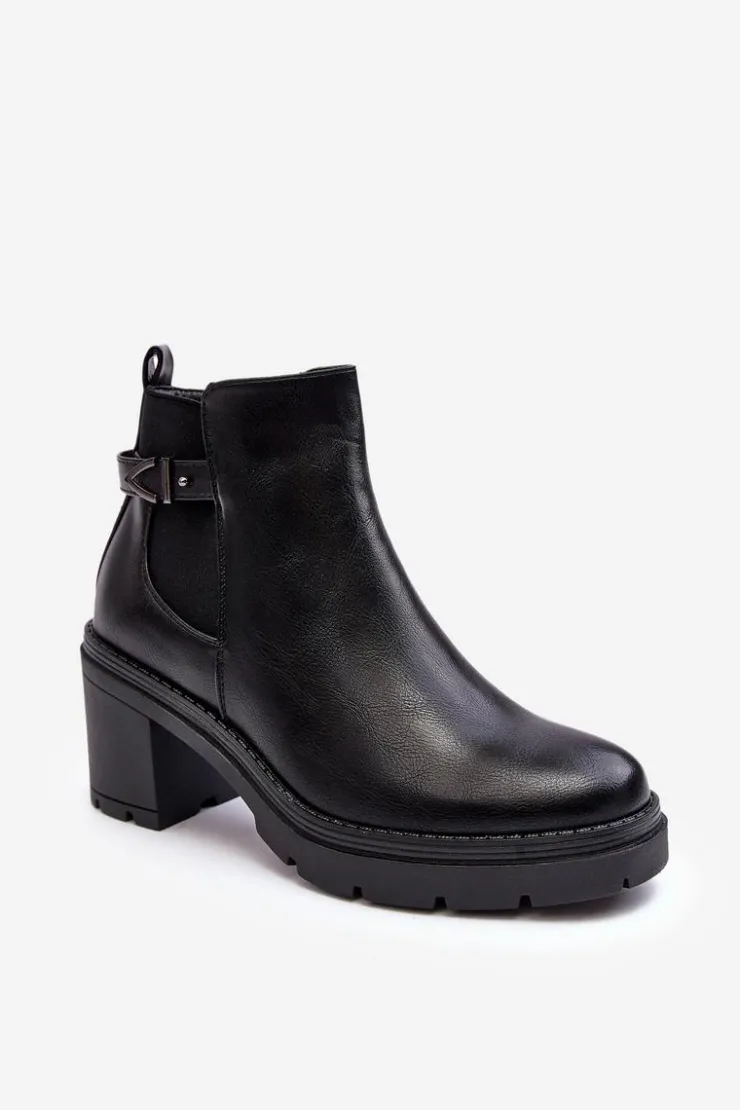 Damskie Boto Skórzane Damskie Botki Na Masywnym Słupku Czarne Belinda
