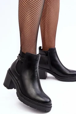 Damskie Boto Skórzane Damskie Botki Na Masywnym Słupku Czarne Belinda