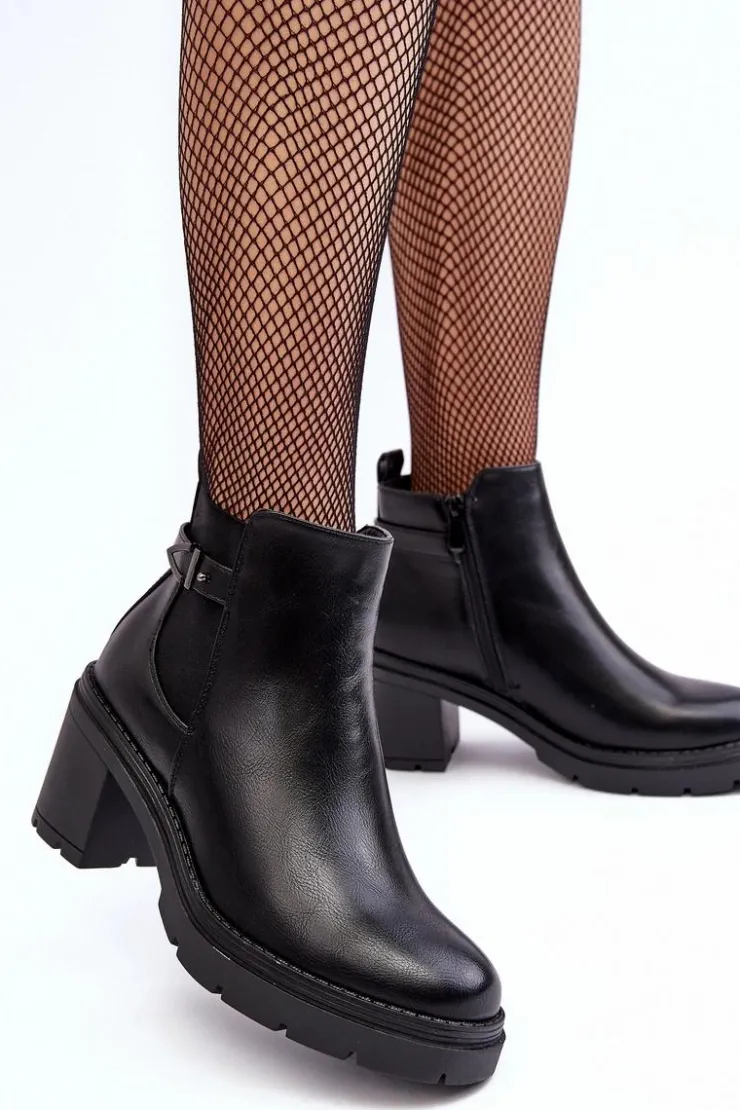 Damskie Boto Skórzane Damskie Botki Na Masywnym Słupku Czarne Belinda