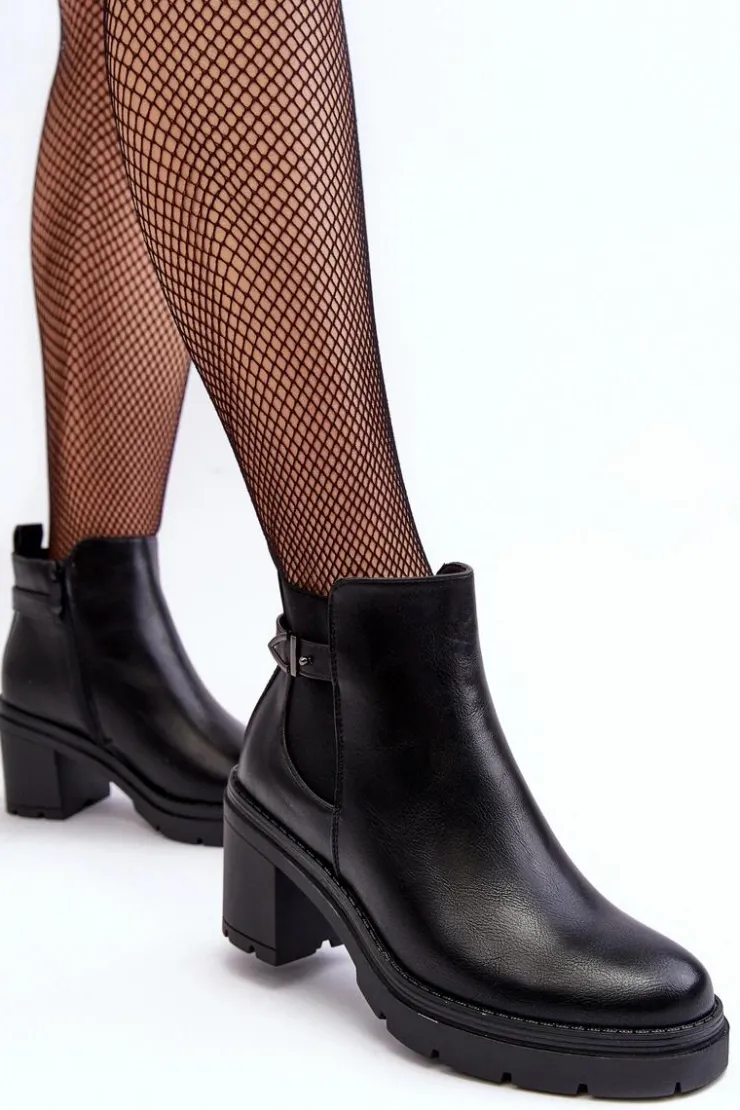 Damskie Boto Skórzane Damskie Botki Na Masywnym Słupku Czarne Belinda