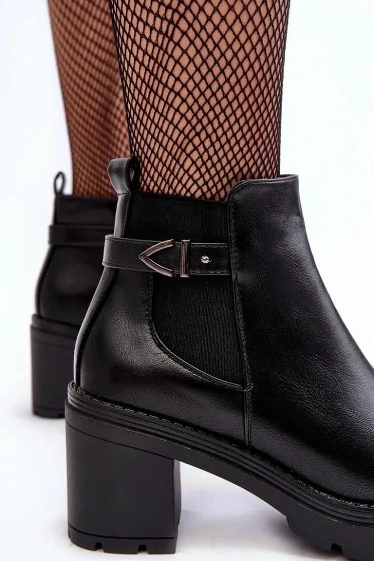 Damskie Boto Skórzane Damskie Botki Na Masywnym Słupku Czarne Belinda