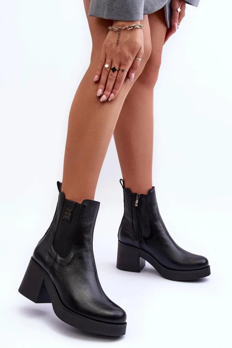 Outlet Boto Skórzane Damskie Botki Na Obcasie Czarne Lemar Kodra