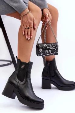 Outlet Boto Skórzane Damskie Botki Na Obcasie Czarne Lemar Kodra