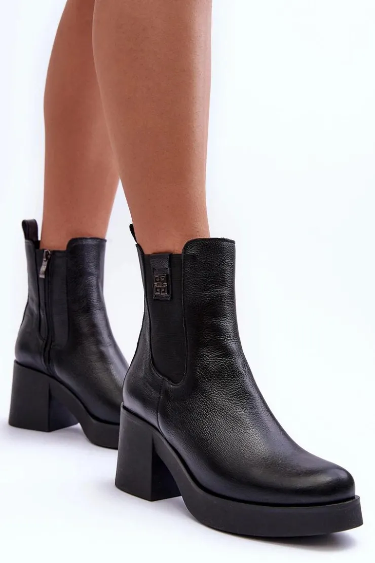 Outlet Boto Skórzane Damskie Botki Na Obcasie Czarne Lemar Kodra