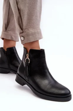 Discount Evento Skórzane Damskie Botki Płaskie Czarne Vasica Czarny