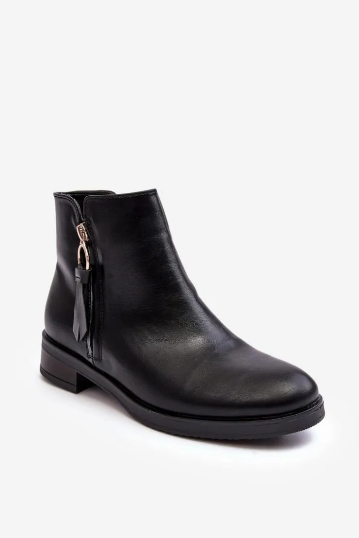 Discount Evento Skórzane Damskie Botki Płaskie Czarne Vasica Czarny