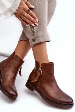 Hot Evento Skórzane Damskie Botki Płaskie Brązowe Vasica