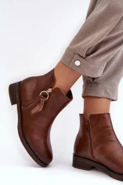 Hot Evento Skórzane Damskie Botki Płaskie Brązowe Vasica