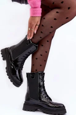 Damskie Boto Skórzane Damskie Botki Workery Sznurowane Czarne Nicole 2836