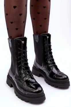 Damskie Boto Skórzane Damskie Botki Workery Sznurowane Czarne Nicole 2836