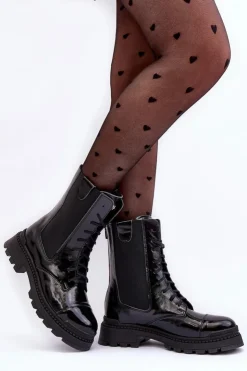 Damskie Boto Skórzane Damskie Botki Workery Sznurowane Czarne Nicole 2836