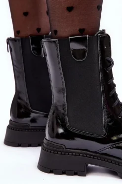 Damskie Boto Skórzane Damskie Botki Workery Sznurowane Czarne Nicole 2836