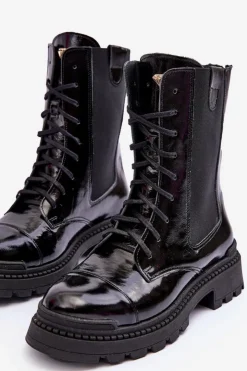 Damskie Boto Skórzane Damskie Botki Workery Sznurowane Czarne Nicole 2836