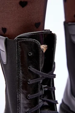 Damskie Boto Skórzane Damskie Botki Workery Sznurowane Czarne Nicole 2836