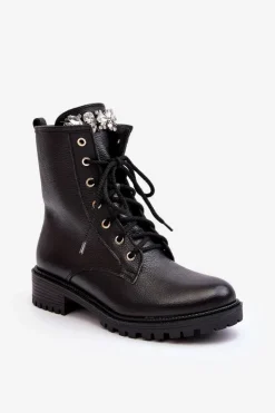 Damskie Zazoo Skórzane Damskie Botki Workery Z Ozdobą 1757 Czarne