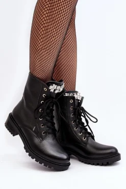 Damskie Zazoo Skórzane Damskie Botki Workery Z Ozdobą 1757 Czarne