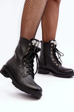 Damskie Zazoo Skórzane Damskie Botki Workery Z Ozdobą 1757 Czarne