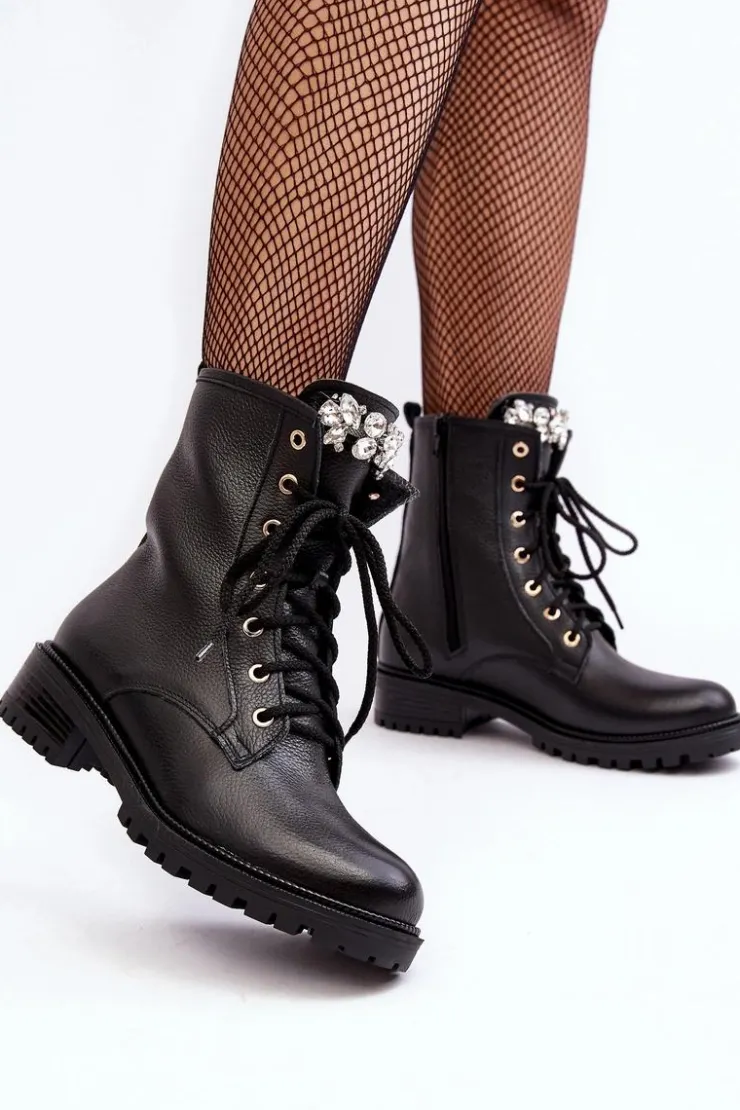 Damskie Zazoo Skórzane Damskie Botki Workery Z Ozdobą 1757 Czarne