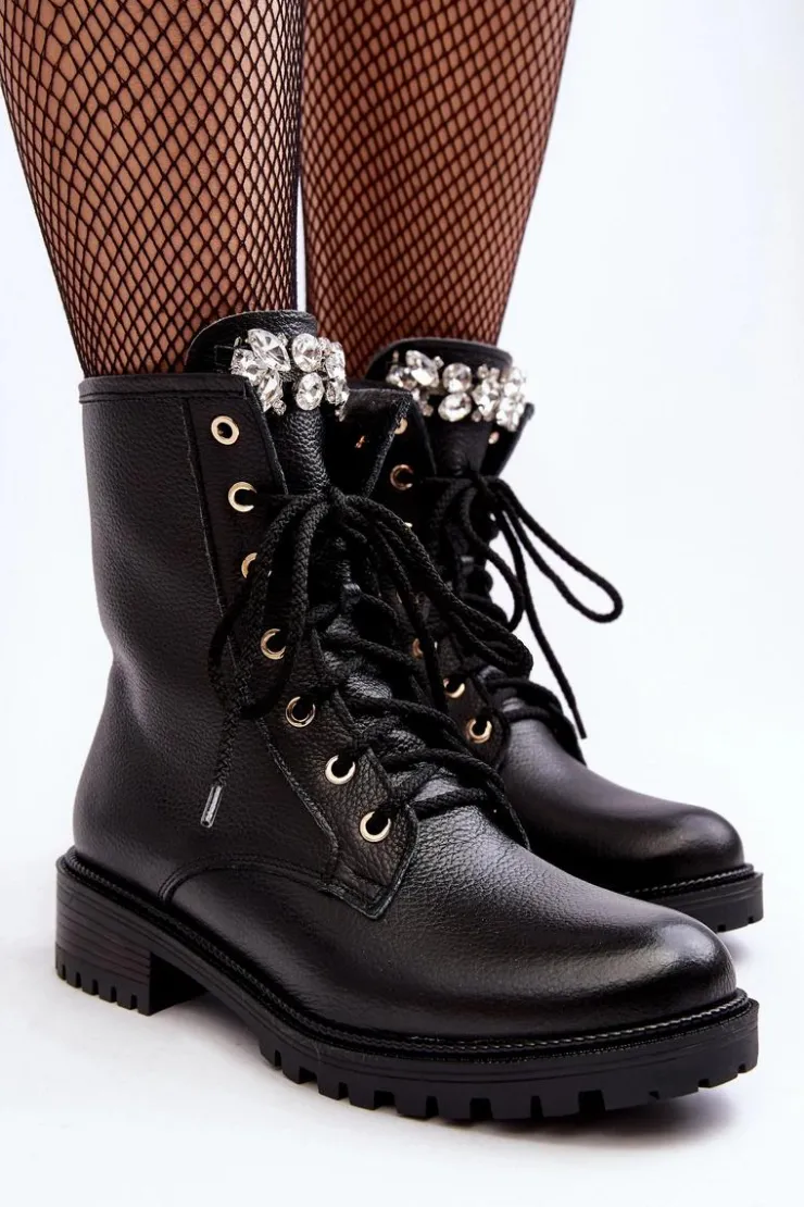Damskie Zazoo Skórzane Damskie Botki Workery Z Ozdobą 1757 Czarne