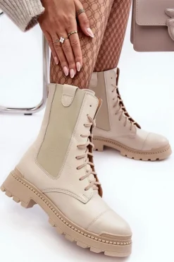 Boto Damskie Trapery|Botki Skórzane*Skórzane Damskie Botki Workery Sznurowane Jasnobeżowe Nicole 2836 Beżowy