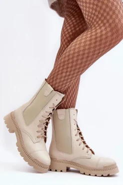 Boto Damskie Trapery|Botki Skórzane*Skórzane Damskie Botki Workery Sznurowane Jasnobeżowe Nicole 2836 Beżowy