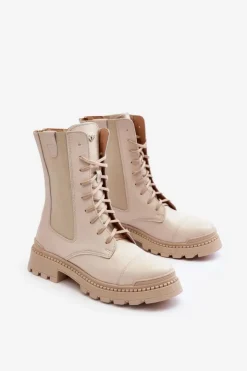 Boto Damskie Trapery|Botki Skórzane*Skórzane Damskie Botki Workery Sznurowane Jasnobeżowe Nicole 2836 Beżowy