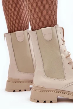 Boto Damskie Trapery|Botki Skórzane*Skórzane Damskie Botki Workery Sznurowane Jasnobeżowe Nicole 2836 Beżowy