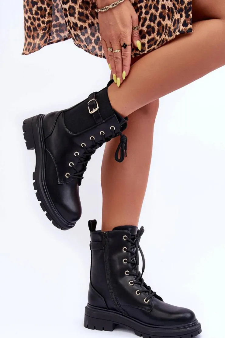 Best Boto Skórzane Damskie Botki Workery Czarne Chrezy