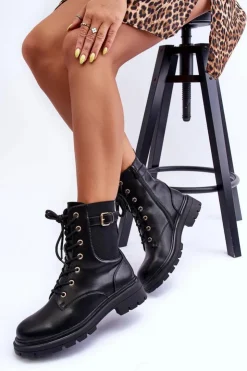 Best Boto Skórzane Damskie Botki Workery Czarne Chrezy