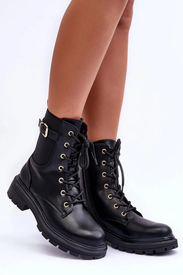 Best Boto Skórzane Damskie Botki Workery Czarne Chrezy