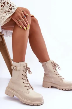 Online Boto Skórzane Damskie Botki Workery Beżowe Chrezy