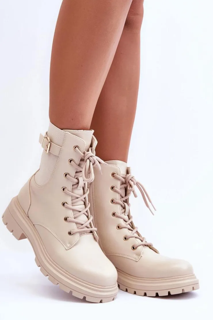 Online Boto Skórzane Damskie Botki Workery Beżowe Chrezy