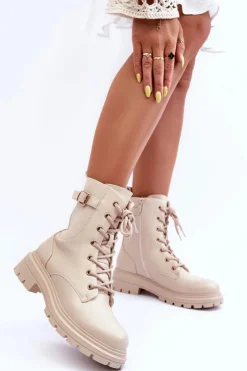 Online Boto Skórzane Damskie Botki Workery Beżowe Chrezy