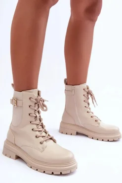 Online Boto Skórzane Damskie Botki Workery Beżowe Chrezy