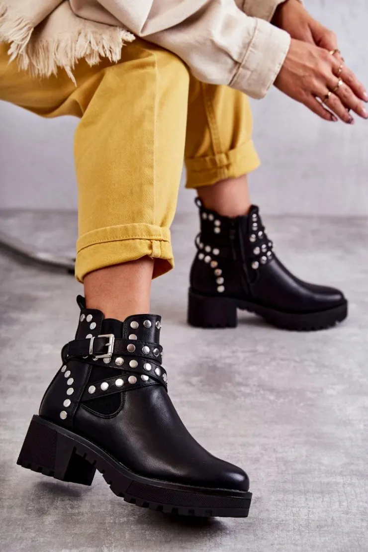 Damskie Boto Skórzane Damskie Botki Z Ozdobnymi Ćwiekami Czarne Sanchez