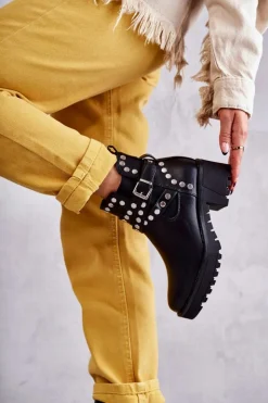 Damskie Boto Skórzane Damskie Botki Z Ozdobnymi Ćwiekami Czarne Sanchez