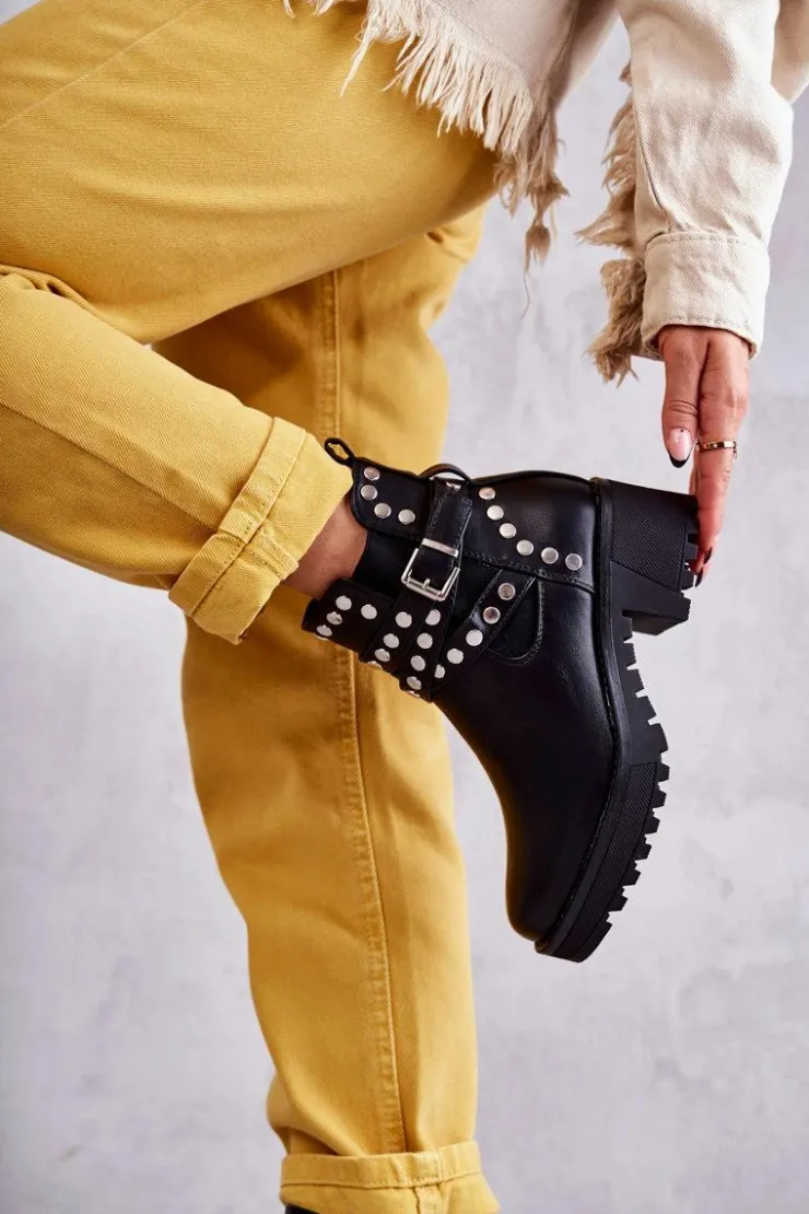 Damskie Boto Skórzane Damskie Botki Z Ozdobnymi Ćwiekami Czarne Sanchez