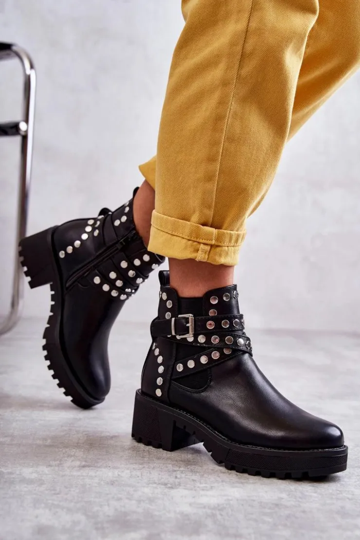 Damskie Boto Skórzane Damskie Botki Z Ozdobnymi Ćwiekami Czarne Sanchez