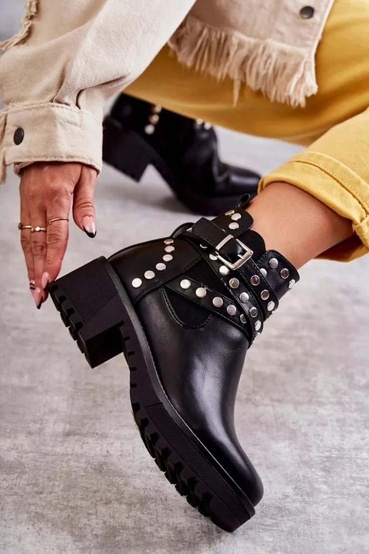 Damskie Boto Skórzane Damskie Botki Z Ozdobnymi Ćwiekami Czarne Sanchez