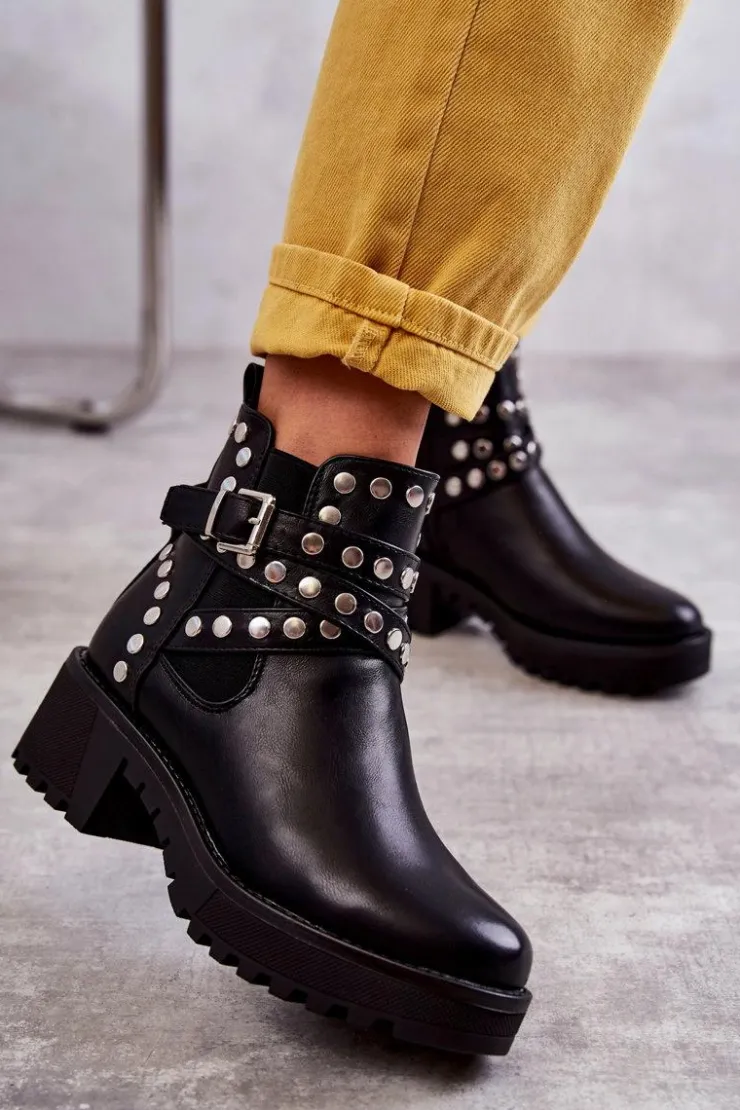 Damskie Boto Skórzane Damskie Botki Z Ozdobnymi Ćwiekami Czarne Sanchez