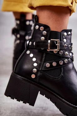 Damskie Boto Skórzane Damskie Botki Z Ozdobnymi Ćwiekami Czarne Sanchez